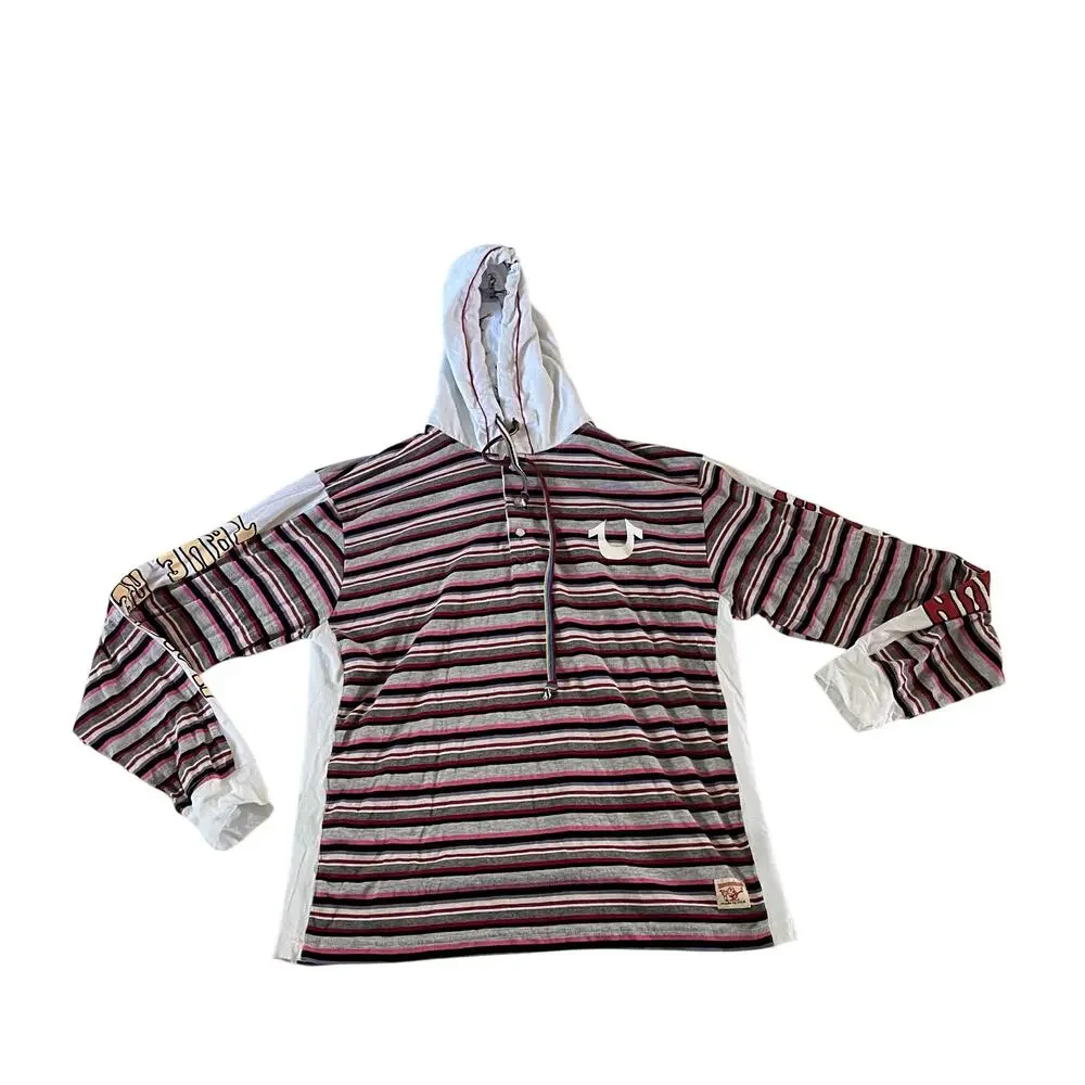 True Religion Buddha Logo Multi Color Stripe Hooded Shirt Sz L